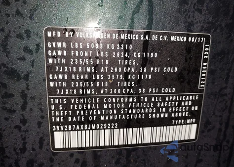 2018 Volkswagen Tiguan 2.0T Se/2.0T Sel from USA, damaged, VIN 3VV2B7AX8JM029222